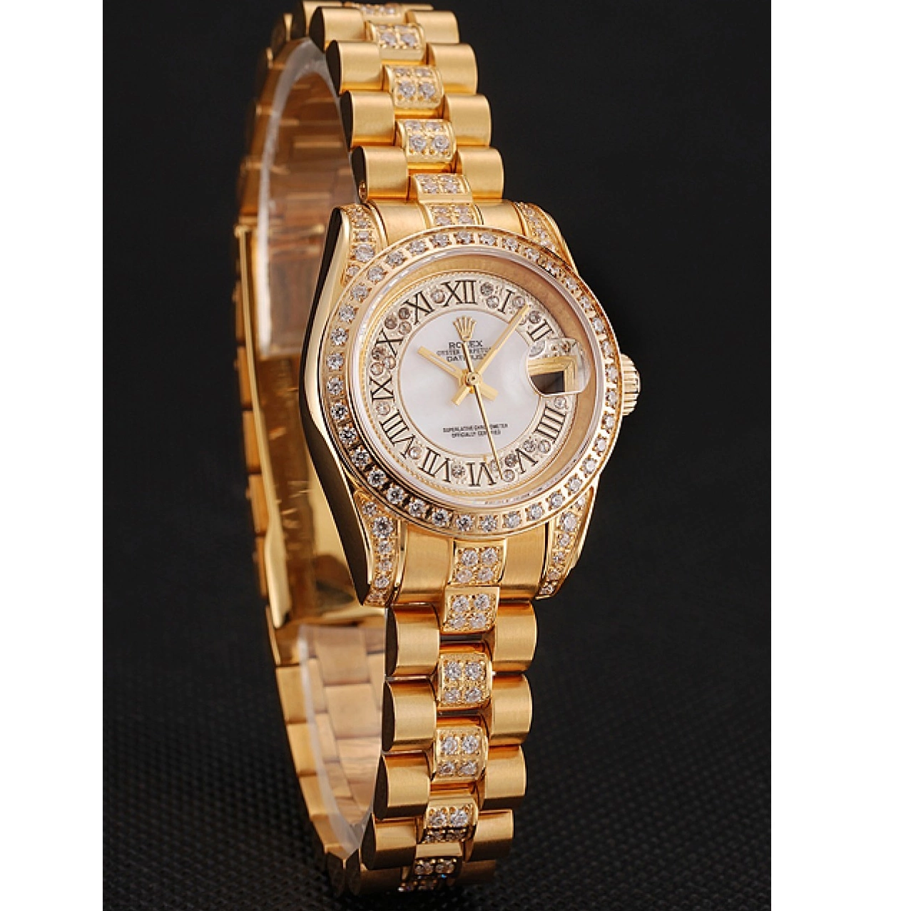 Aaa replica watch DayJust White Dial Bracelet Diamond Rolex Pave Swiss 1453957 Diamond Gold 0706